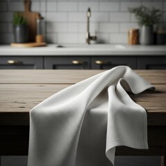 White linen tablecloth on rustic wooden table in kitchen setting