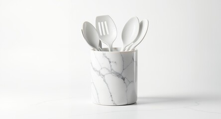 White Marble Utensil Holder with Spoons and Spatula, Kitchen Utensil Organizer, Clean Modern Design for Cooking