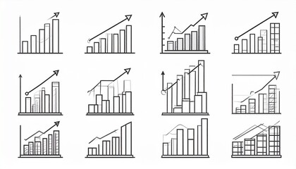 Business Growth Charts and Graphs Set. Outline Icons of Bar Graphs and Line Charts Showing Financial Success, Progress, and Data Analytics.