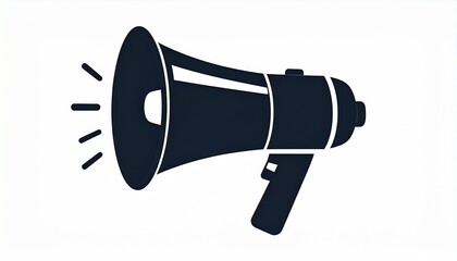 Bold black megaphone icon with radiating sound waves, symbolizing public announcement, urgent communication, marketing, and drawing attention.