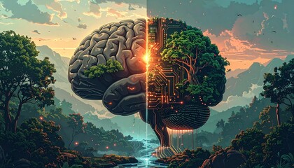 Conceptual human brain blending nature and technology in a lush landscape. Mind growth, environmental intelligence, and innovation concept.