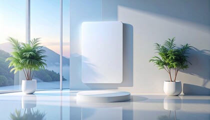 Modern minimalist interior design with white product display podium, blank sign, potted plants, and scenic window view