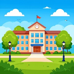 Cartoon school building illustration on a sunny day
