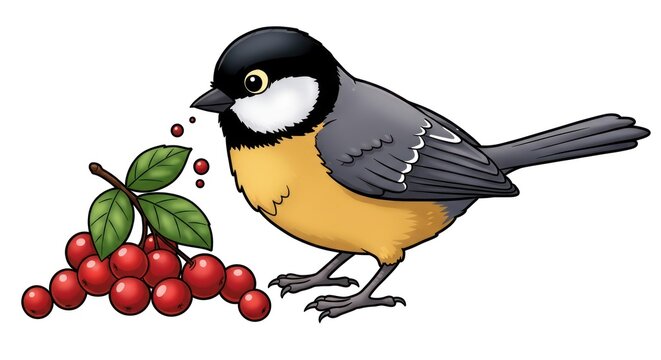 A cute cartoon great tit bird character pecking at a juicy bunch of red berries on a branch, isolated vector illustration for children