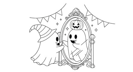 Cute ghost in witch hat admires festive pumpkin reflection in ornate mirror