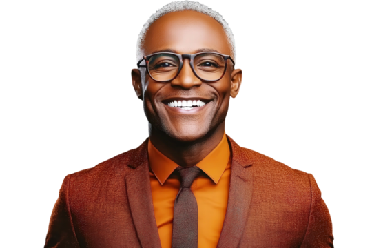 Portrait of a confident middle-aged man with silver hair and glasses, smiling warmly in a stylish brown suit and orange shirt against a neutral background - Powered by Adobe