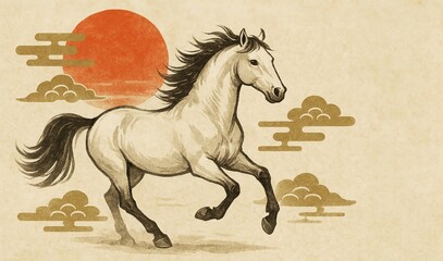 和風 馬と赤い太陽 水墨画風 年賀状デザイン/Japanese Style Horse with Red Sun – Sumi-e Inspired New Year Design Generative AI