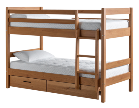  Angled Side View of Bunk Bed with Ladder, isolated on transparent background.