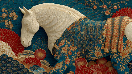 和風装飾 馬と花文様 豪華な年賀状デザイン/Elegant Japanese Decorative Horse with Floral Patterns – Luxury New Year Design Generative AI