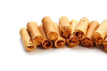 Rolled crispy wafers filled with shredded pork floss, Thai snack.
