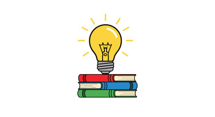 Knowledge is power concept. A cartoon drawing of a shining light bulb, representing a new idea, sitting on top of a pile of textbooks. Isolated vector illustration.