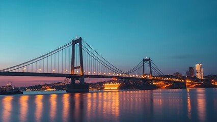 Fototapeta premium Silhouetted suspension bridge at dusk with city lights