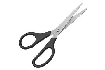Stainless steel scissors with black plastic handles open and ready for cutting, isolated on a transparent background