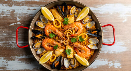 Overhead Close up Shot of Traditional Seafood Paella Dish in Pan