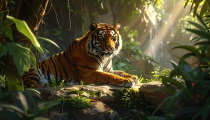 Majestic tiger resting peacefully amidst the lush greenery habitat scenery