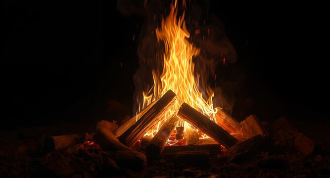 Burning wood bonfire, bright flames in the dark, warm fire, campfire night, orange and yellow fire, burning logs, cozy fireplace, fire pit, wood fire, heat, energy, warmth, glowing embers, flames