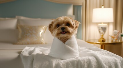 Adorable small dog wrapped in a white towel sitting on a hotel bed with a soft glow from a lamp nearby