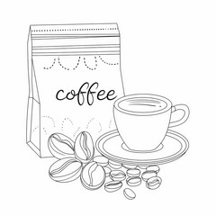 Hand-drawn vector line art illustration of coffee bag with cup and beans, simple layout for children's coloring page on white background