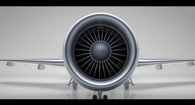 Close-up of a turbofan engine on an aircraft, showcasing intricate details of the blades and casing.
