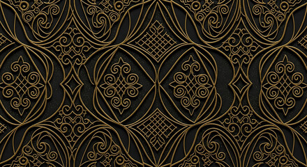 Intricate golden damask pattern with elegant swirling motifs on a dark background