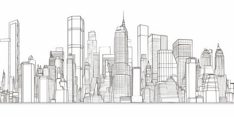 Minimalist line drawing of modern city skyline with skyscrapers and contemporary architecture isolated on white background