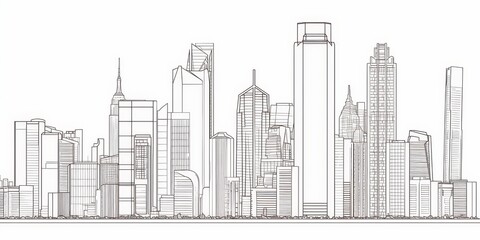 Minimalist line drawing of modern city skyline with skyscrapers and contemporary architecture isolated on white background