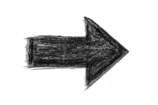 Charcoal arrow directing right, transparent backdrop, enhancing graphic design and presentation layouts