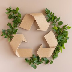 Eco-Friendly Recycling Sign Surrounded by Green Leaves on a Soft Neutral Background for Sustainability Promotions
