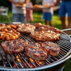 Grilling Delicious Meat and Vegetables on a Summer Day in a Vibrant Outdoor Setting