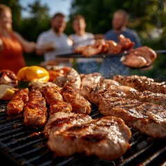 Grilling Meat on Barbecue with Friends Enjoying Outdoor Summer Gathering and Delicious Food in Nature