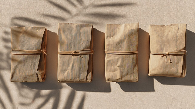 Minimalist aesthetic: Four brown paper packages tied with string in gentle sunlight