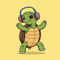 A cheerful green turtle with blushy cheeks dances joyfully while wearing colorful headphones, set against a light yellow background.