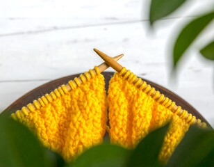Yellow knitted fabric on wooden knitting needles