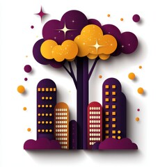 Colorful Abstract Cityscape with Tree and Geometric Shapes in Vibrant Purple and Orange Tones