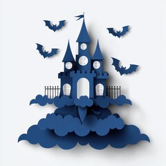 Dark blue castle with bats and clouds in a whimsical paper cut style for fantasy or Halloween themes