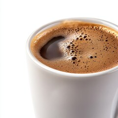 Close-Up of Freshly Brewed Coffee with Rich Foam and Bubbles on the Surface in a White Cup