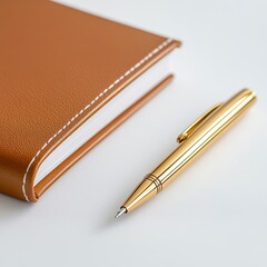 Elegant Brown Notebook and Golden Pen on White Background for Business and Creative Writing Needs