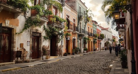 Naklejka premium Cobblestone Street with Colorful Buildings and Lush Greenery at Dusk