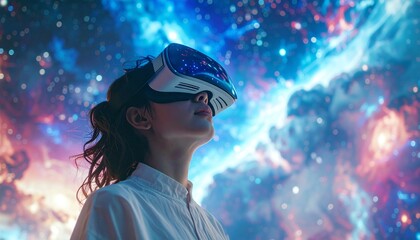 A woman wearing a virtual reality headset, gazing upwards at a vibrant, colorful nebula.