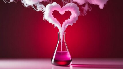 Love potion: Pink smoke forms a heart shape from laboratory beaker on red backdrop