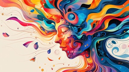 Vibrant abstract portrait of woman with flowing colourful hair. Psychedelic art style with surreal, wavy design. Modern digital illustration with creative imagination and spiritual artistic expression