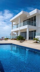 Fototapeta premium Modern luxury villa with a sparkling pool, surrounded by lush greenery and a clear blue sky