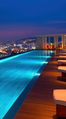 Fototapeta premium Luxurious rooftop infinity pool at twilight overlooking a vibrant city skyline with glowing lights