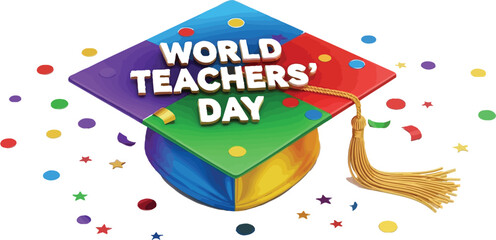 Vector art of a graduation cap with confetti for World Teachers' Day