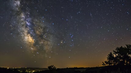 Starry Night Sky over Mountains: Abstract Illustration of Deep Space, Galaxies, Nebulas & Planets
