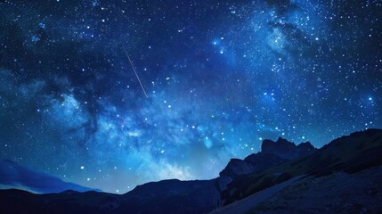 Starry Night Sky over Mountains: Abstract Illustration of Deep Space, Galaxies, Nebulas & Planets