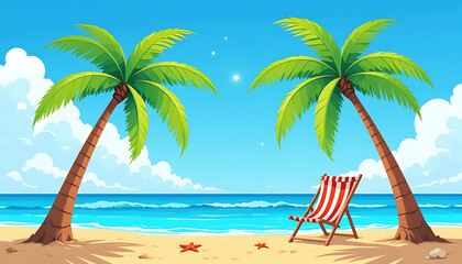Tropical Beach Scene with Palm Trees and Beach Chair.