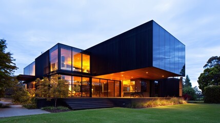 Modern architectural masterpiece featuring sleek glass and wood design, illuminated at dusk in a serene garden