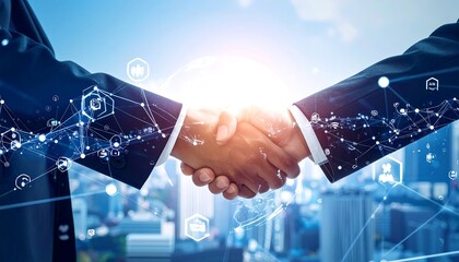 Two people in formal attire shaking hands, with digital network overlay and cityscape backdrop, symbolizing agreement