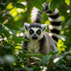 Fototapeta premium Ring-tailed lemur gracefully poses among the verdant foliage canopy